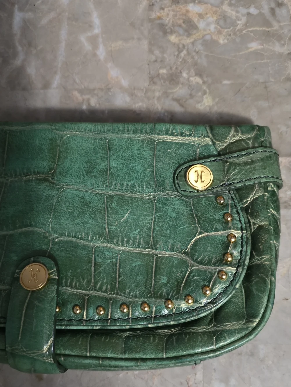 Cole Haan Green Crocodile Embossed Leather Large Wristlet/Mini Bag